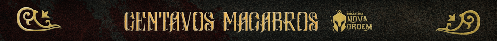 Lombada do livro Centavos Macabros com a logo do selo Iniciativa Nova Ordem, pelo qual o livro será publicado, e arabescos.