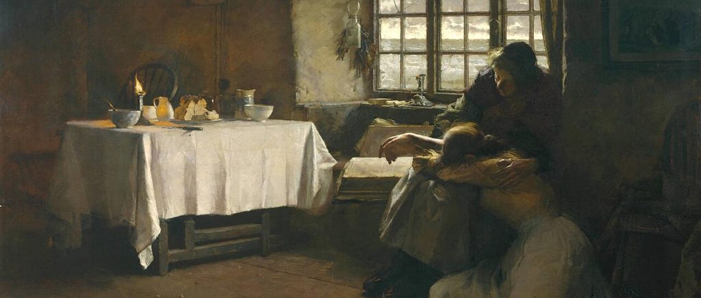 Fragmento do quadro "A Perda da Esperança", de Frank Bramley (1888), em que uma mãe idosa abraça sua filha, jovem adulta, cuja cabeça está apoiada em seu colo. A residência humilde e com poucos recursos, iluminada pela parca luz de um dia nebuloso, reflete o estado de desesperança e abatimento geral da população londrina durante o século XIX e demonstra o tom de Centavos Macabros.
