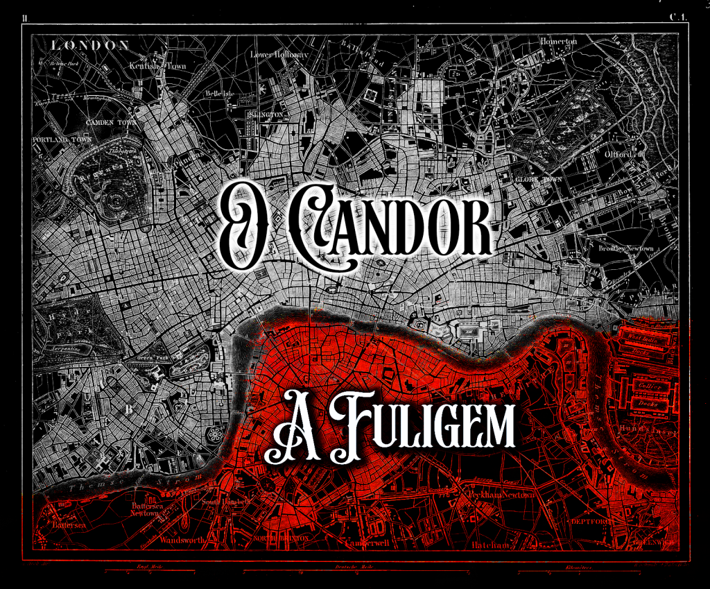 Mapa com fundo preto da Londres Vitoriana demonstrando sua divisão entre duas partes que ocorre em Centavos Macabros: o Candor (ao norte do Rio Tâmisa, em branco) e a Fuligem (ao sul, em vermelho).