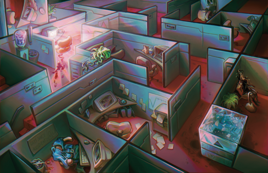 Arte interna do livro representando um escritório da Agência